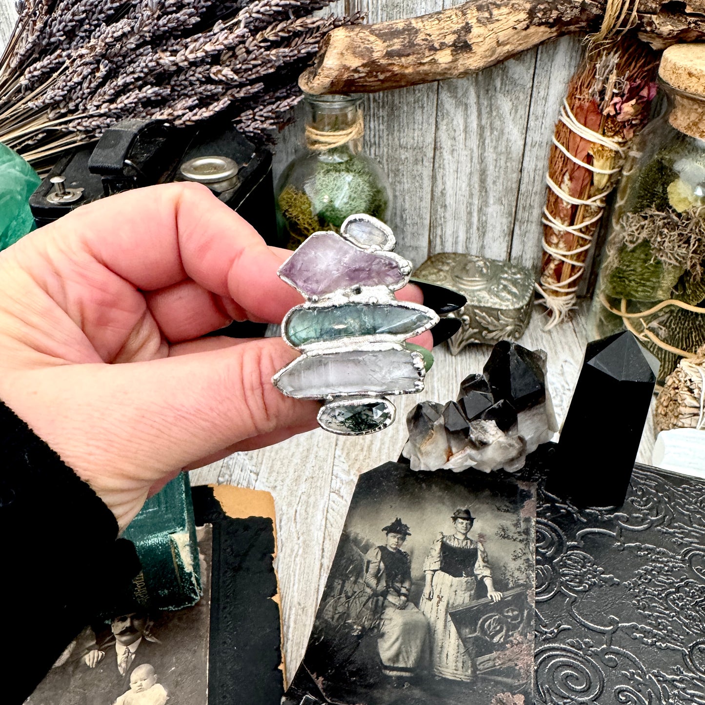Multi Stone Moss Agate Clear Quartz Labradorite Amethyst & Rainbow Moonstone Ring In Fine Silver Size 10 / Foxlark Collection