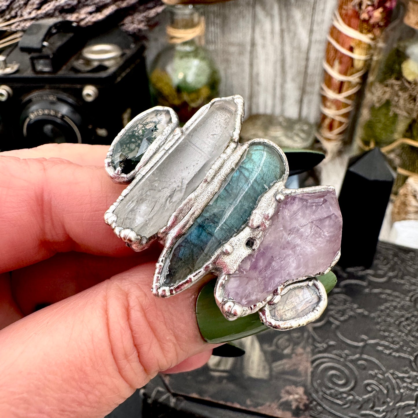 Multi Stone Moss Agate Clear Quartz Labradorite Amethyst & Rainbow Moonstone Ring In Fine Silver Size 10 / Foxlark Collection