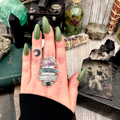 Multi Stone Moss Agate Clear Quartz Labradorite Amethyst & Rainbow Moonstone Ring In Fine Silver Size 10 / Foxlark Collection