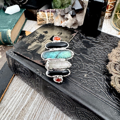 Multi Stone Carnelian Black Onyx Clear Quartz & Labradorite Ring In Fine Silver Size 9 / Foxlark Collection