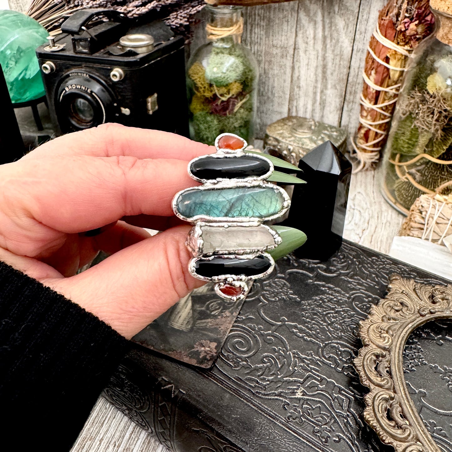 Multi Stone Carnelian Black Onyx Clear Quartz & Labradorite Ring In Fine Silver Size 9 / Foxlark Collection