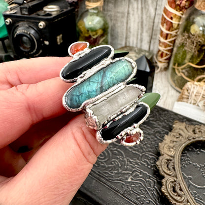 Multi Stone Carnelian Black Onyx Clear Quartz & Labradorite Ring In Fine Silver Size 9 / Foxlark Collection