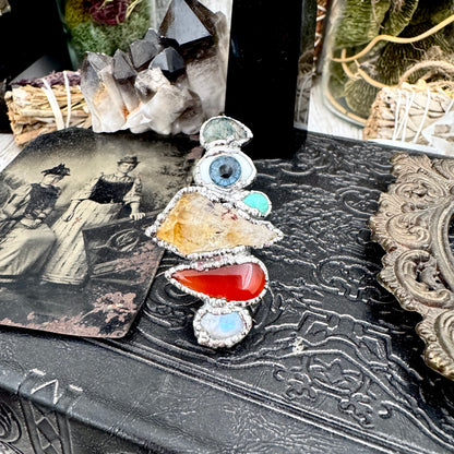 Multi Stone Moss Agate Glass Eye Turquoise Citrine Carnelian & Rainbow Moonstone Ring In Fine Silver Size 8 / Foxlark Collection