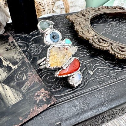 Multi Stone Moss Agate Glass Eye Turquoise Citrine Carnelian & Rainbow Moonstone Ring In Fine Silver Size 8 / Foxlark Collection