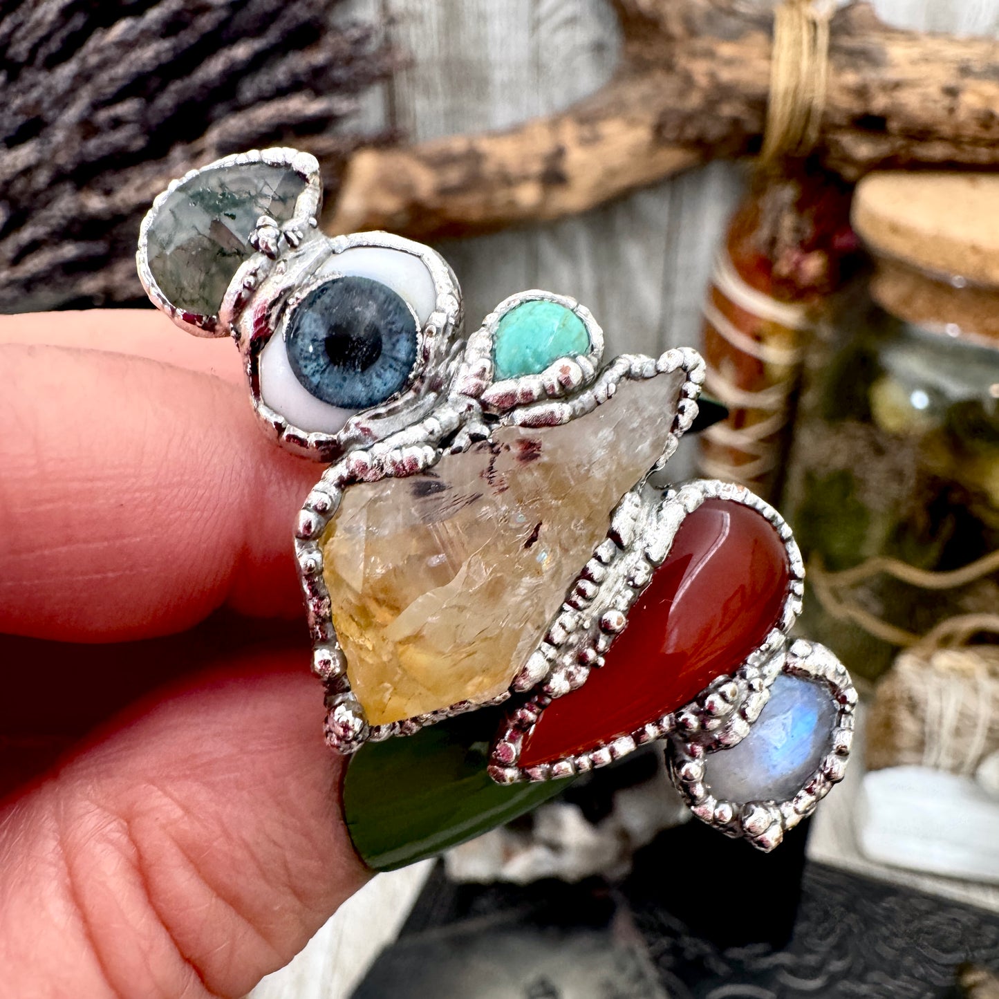 Multi Stone Moss Agate Glass Eye Turquoise Citrine Carnelian & Rainbow Moonstone Ring In Fine Silver Size 8 / Foxlark Collection