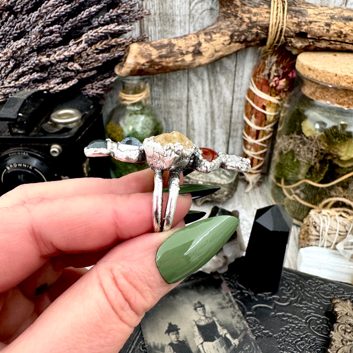Multi Stone Moss Agate Glass Eye Turquoise Citrine Carnelian & Rainbow Moonstone Ring In Fine Silver Size 8 / Foxlark Collection