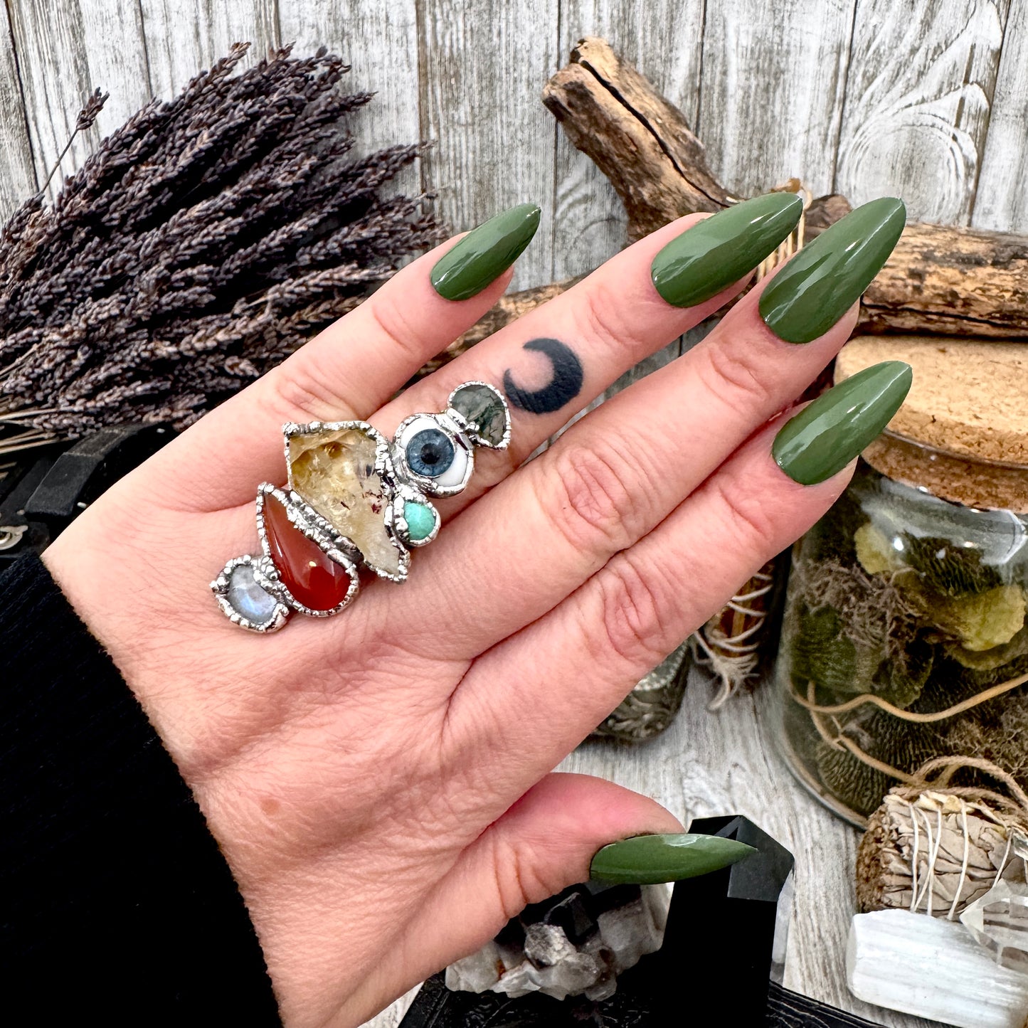 Multi Stone Moss Agate Glass Eye Turquoise Citrine Carnelian & Rainbow Moonstone Ring In Fine Silver Size 8 / Foxlark Collection