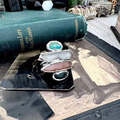 Multi Stone Moss Agate Peach Moonstone Clear Quartz & Turquoise Ring In Fine Silver Size 7 / Foxlark Collection