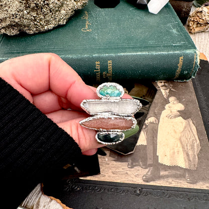 Multi Stone Moss Agate Peach Moonstone Clear Quartz & Turquoise Ring In Fine Silver Size 7 / Foxlark Collection