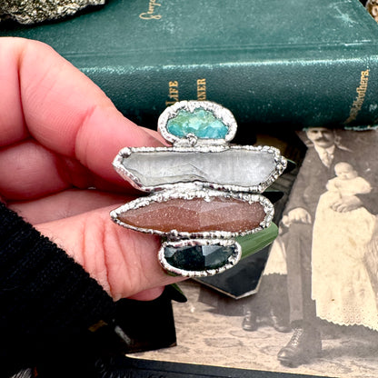 Multi Stone Moss Agate Peach Moonstone Clear Quartz & Turquoise Ring In Fine Silver Size 7 / Foxlark Collection