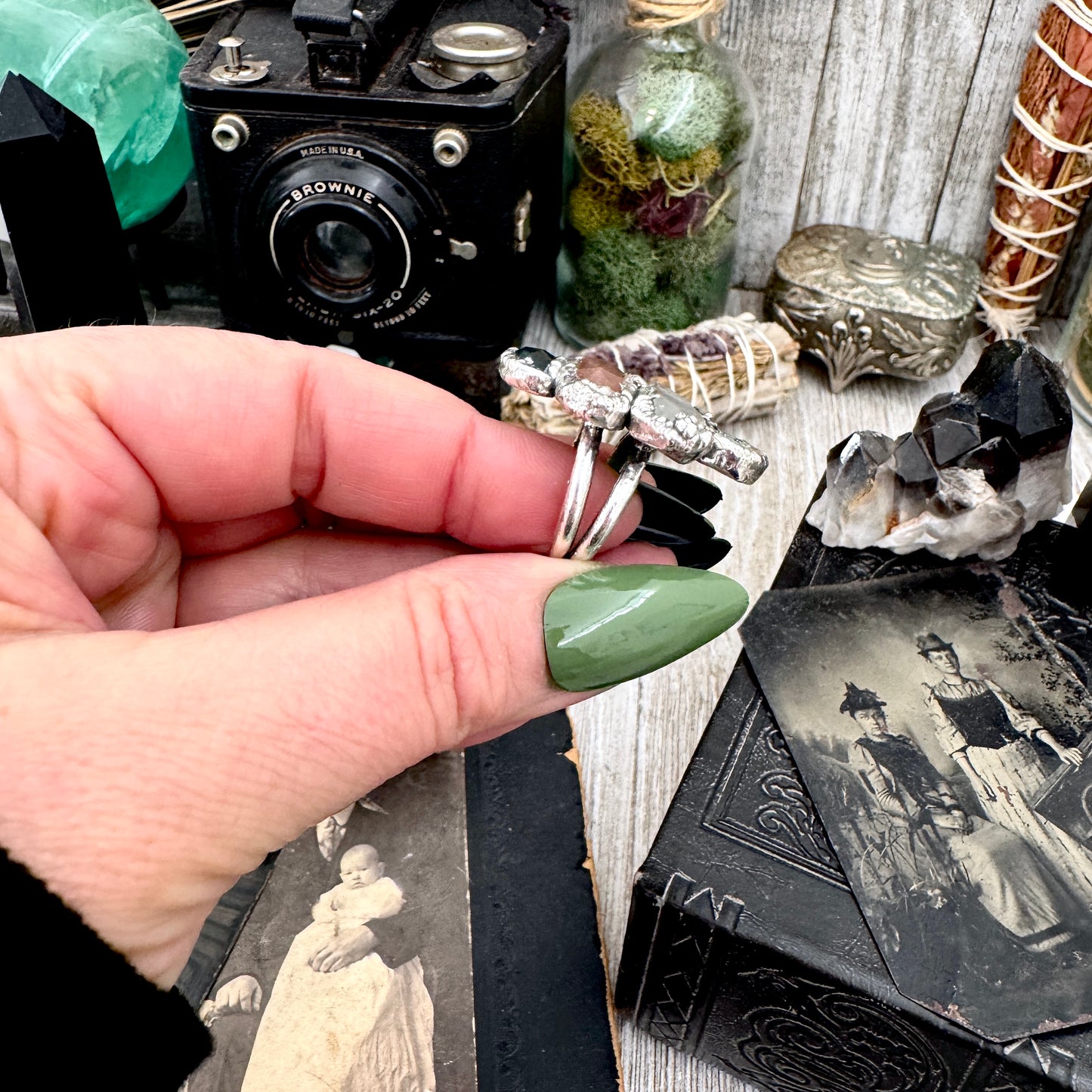 Multi Stone Moss Agate Peach Moonstone Clear Quartz & Turquoise Ring In Fine Silver Size 7 / Foxlark Collection