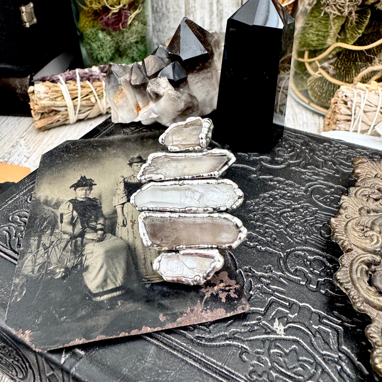 Multi Stone Clear Quartz & Smoky Quartz Ring In Fine Silver Size 9 / Foxlark Collection