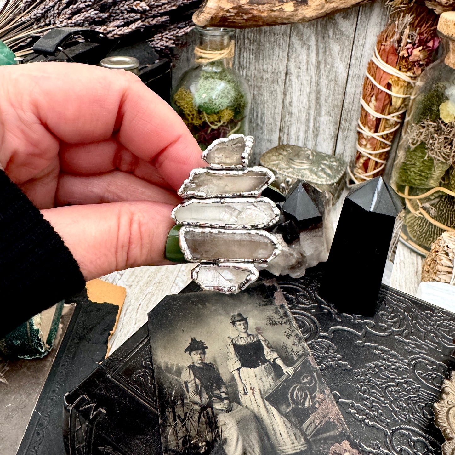 Multi Stone Clear Quartz & Smoky Quartz Ring In Fine Silver Size 9 / Foxlark Collection