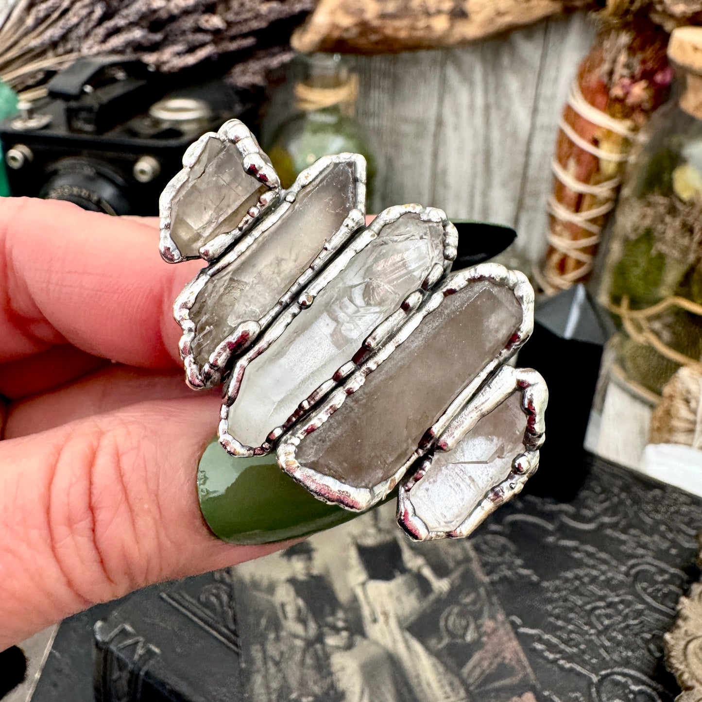 Multi Stone Clear Quartz & Smoky Quartz Ring In Fine Silver Size 9 / Foxlark Collection