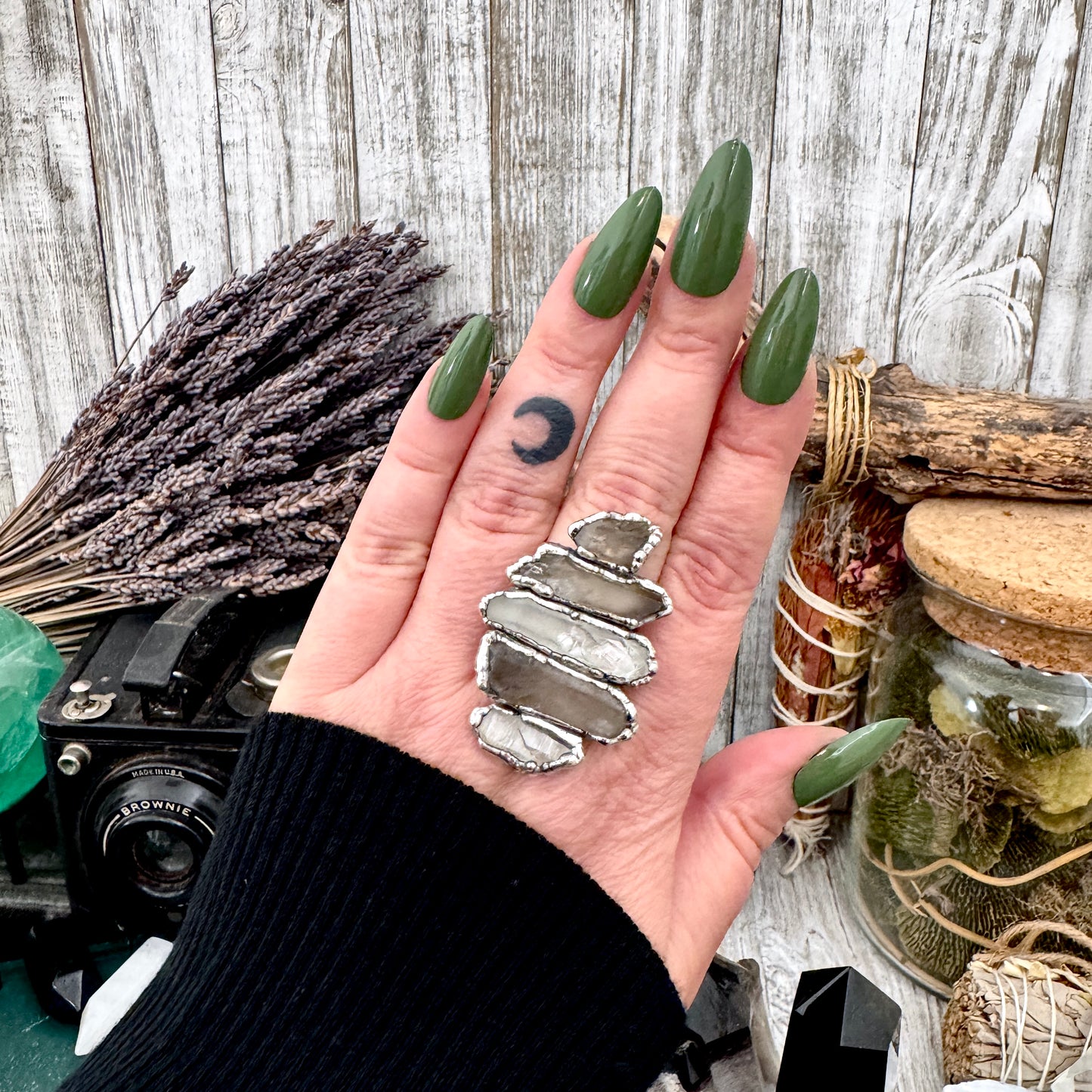 Multi Stone Clear Quartz & Smoky Quartz Ring In Fine Silver Size 9 / Foxlark Collection