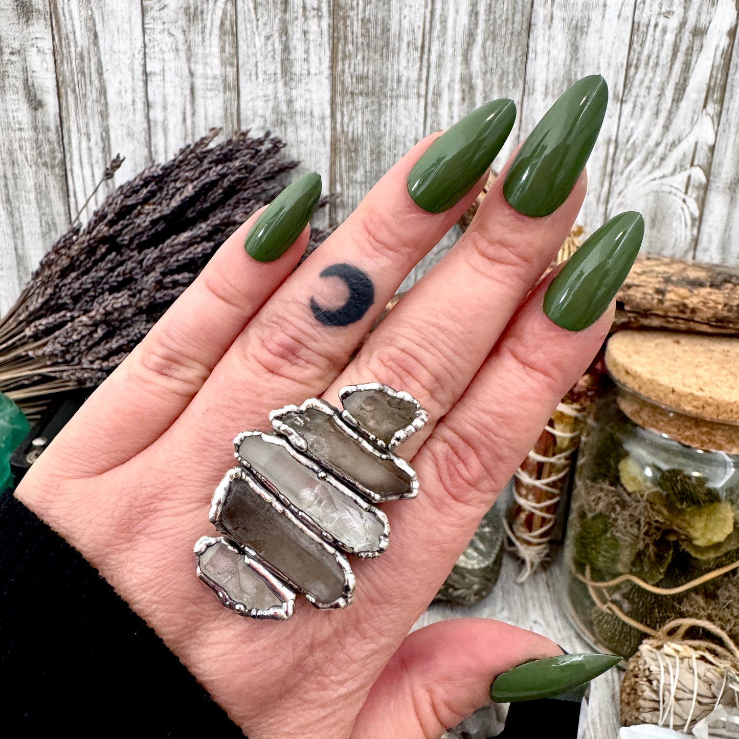 Multi Stone Clear Quartz & Smoky Quartz Ring In Fine Silver Size 9 / Foxlark Collection