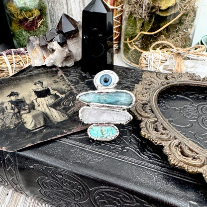 Multi Stone Glass Eye Labradorite Clear Quartz & Turquoise Ring In Fine Silver Size 9 / Foxlark Collection