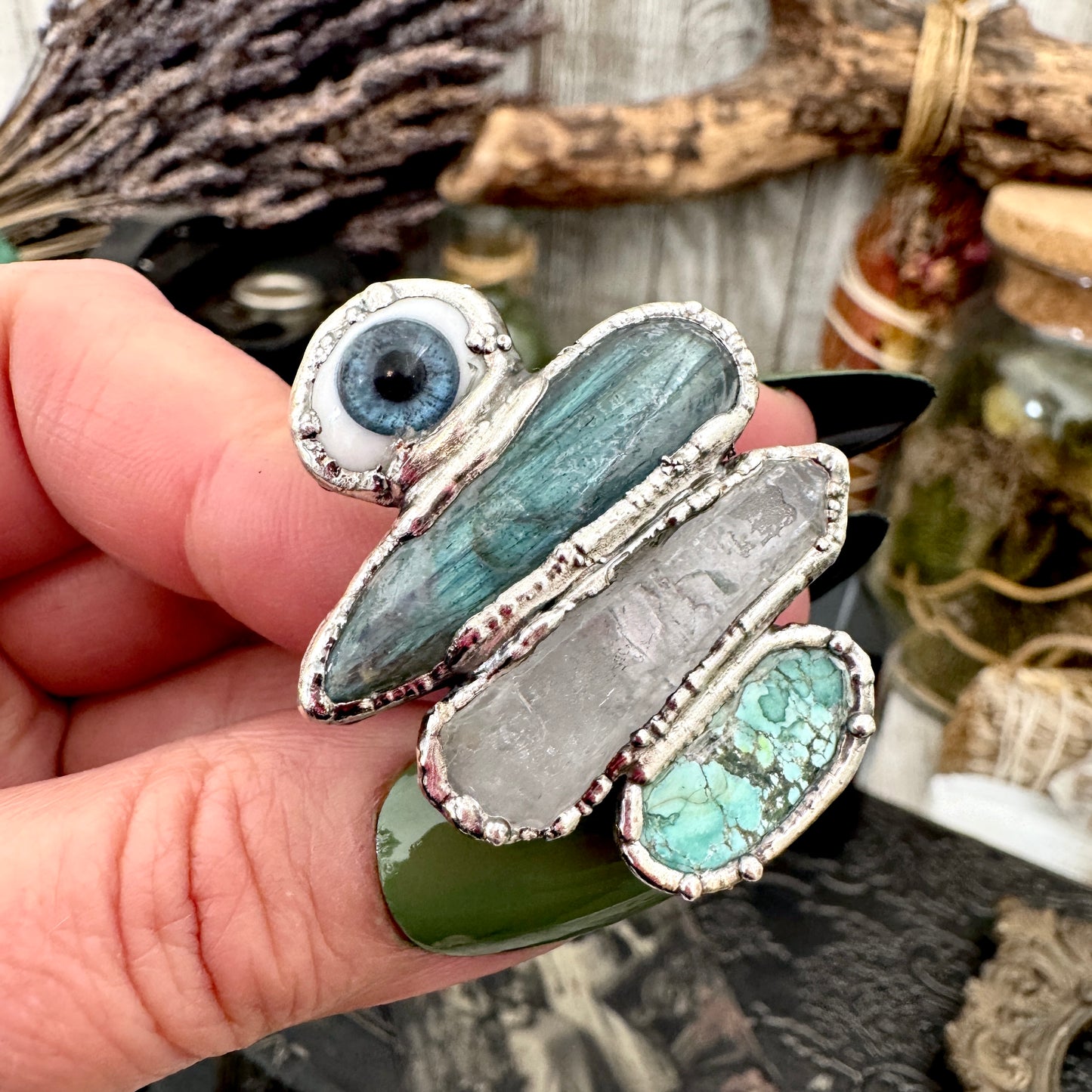 Multi Stone Glass Eye Labradorite Clear Quartz & Turquoise Ring In Fine Silver Size 9 / Foxlark Collection