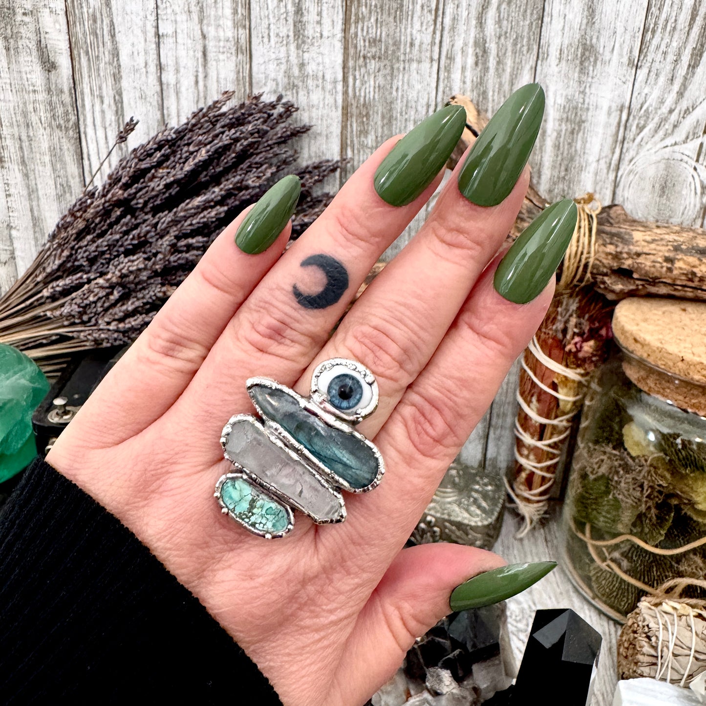 Multi Stone Glass Eye Labradorite Clear Quartz & Turquoise Ring In Fine Silver Size 9 / Foxlark Collection