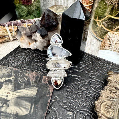 Multi Stone Pyrite Clear Quartz Garden Quartz & Dendritic Agate Ring In Fine Silver Size 8 / Foxlark Collection