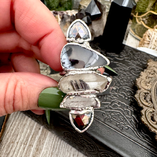 Multi Stone Pyrite Clear Quartz Garden Quartz & Dendritic Agate Ring In Fine Silver Size 8 / Foxlark Collection