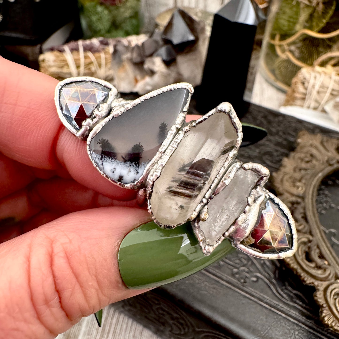 Multi Stone Pyrite Clear Quartz Garden Quartz & Dendritic Agate Ring In Fine Silver Size 8 / Foxlark Collection