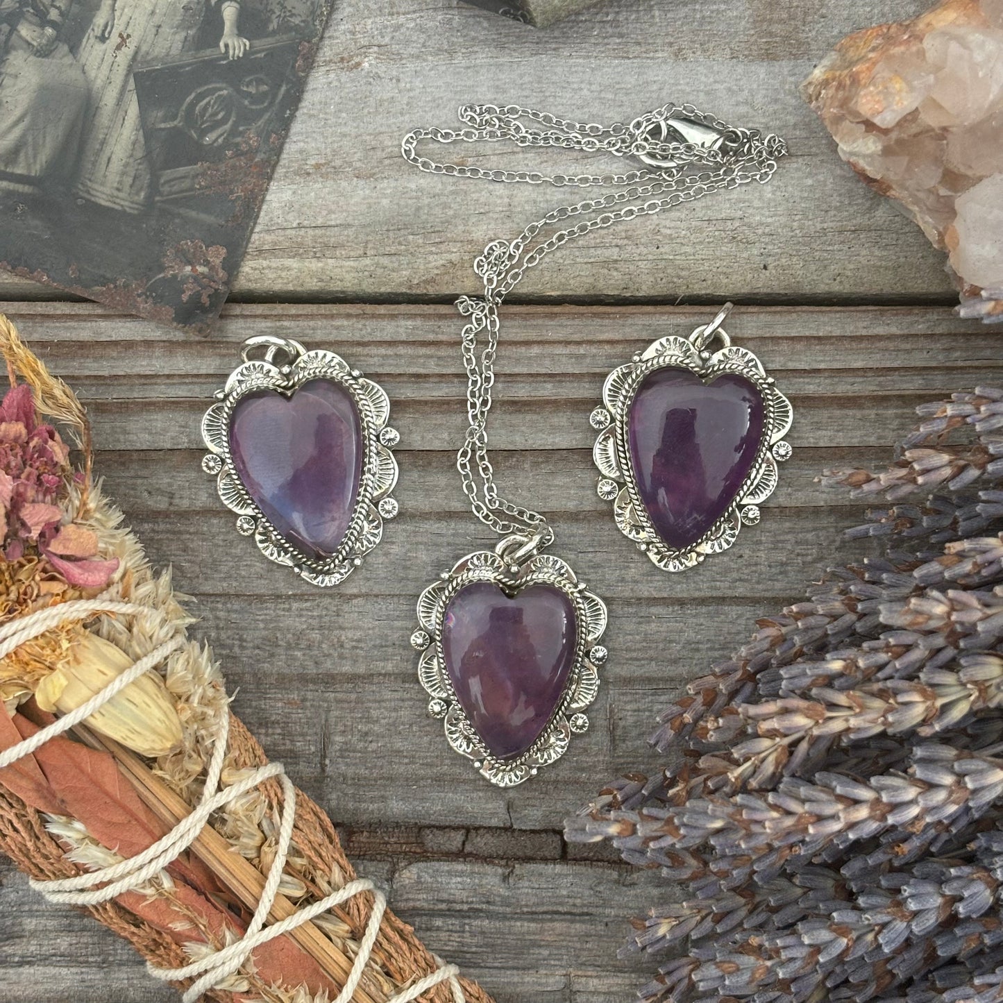 Amethyst Crystal Heart Necklace in Sterling Silver  -Designed by FOXLARK Collection