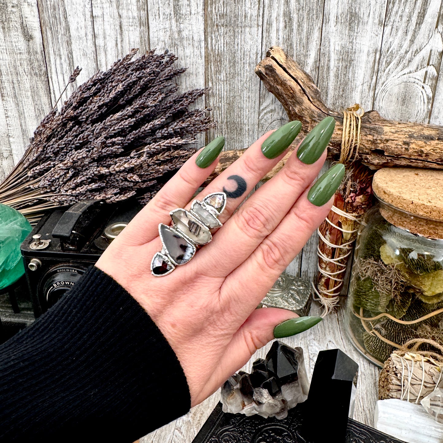 Multi Stone Pyrite Clear Quartz Garden Quartz & Dendritic Agate Ring In Fine Silver Size 8 / Foxlark Collection