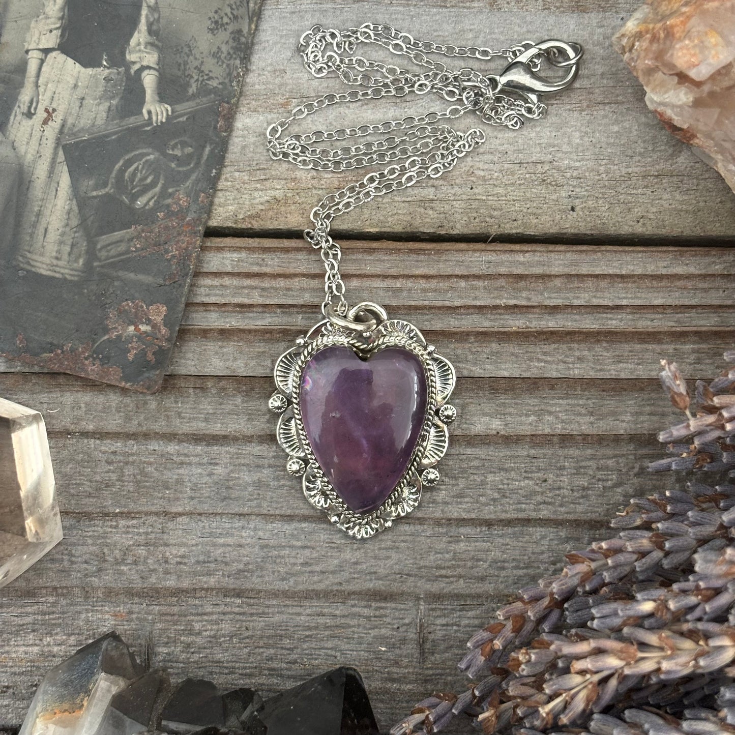 Amethyst Crystal Heart Necklace in Sterling Silver  -Designed by FOXLARK Collection