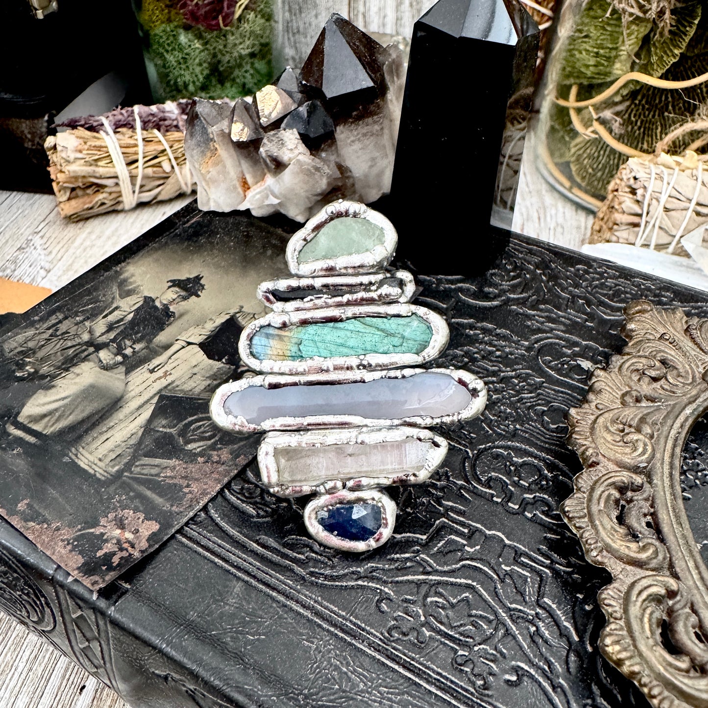 Multi Stone Amazonite Smoky Quartz Labradorite Blue Chalcedony Clear Quartz & Sapphire Ring In Fine Silver Size 9 / Foxlark Collection