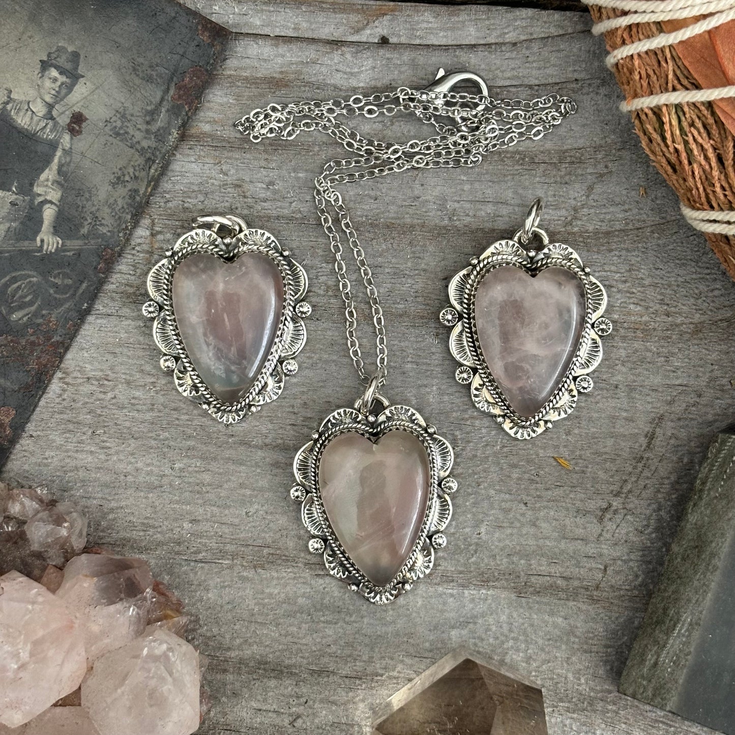 Rose Quartz Crystal Heart Necklace in Sterling Silver  -Designed by FOXLARK Collection