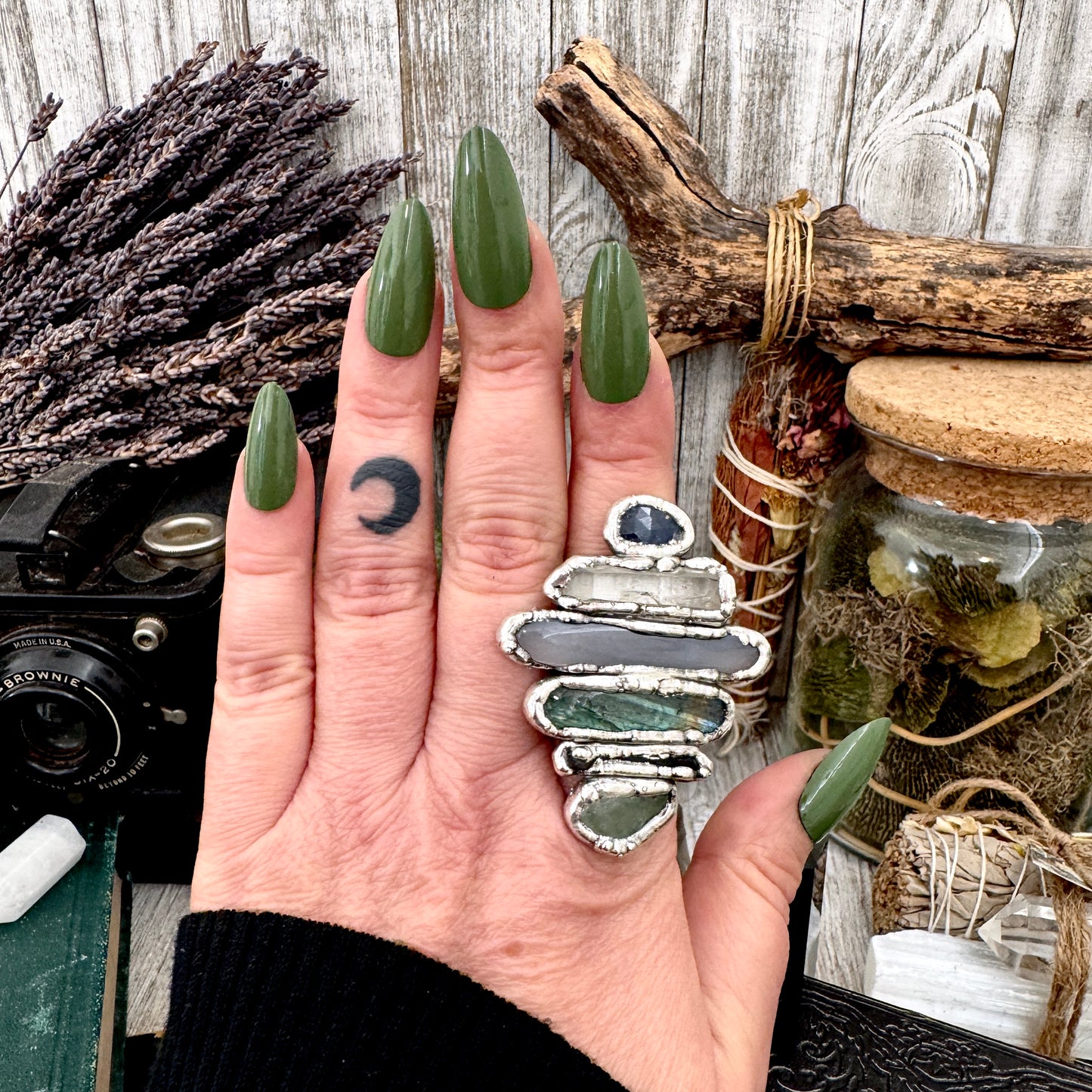 Multi Stone Amazonite Smoky Quartz Labradorite Blue Chalcedony Clear Quartz & Sapphire Ring In Fine Silver Size 9 / Foxlark Collection