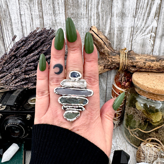 Multi Stone Amazonite Smoky Quartz Labradorite Blue Chalcedony Clear Quartz & Sapphire Ring In Fine Silver Size 9 / Foxlark Collection