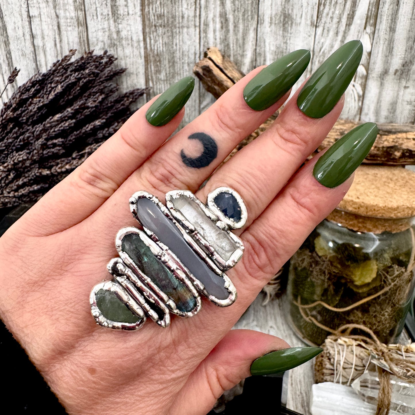 Multi Stone Amazonite Smoky Quartz Labradorite Blue Chalcedony Clear Quartz & Sapphire Ring In Fine Silver Size 9 / Foxlark Collection