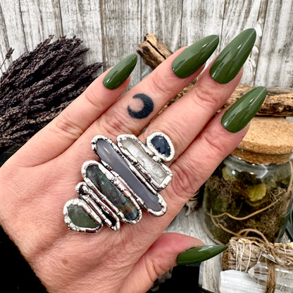 Multi Stone Amazonite Smoky Quartz Labradorite Blue Chalcedony Clear Quartz & Sapphire Ring In Fine Silver Size 9 / Foxlark Collection