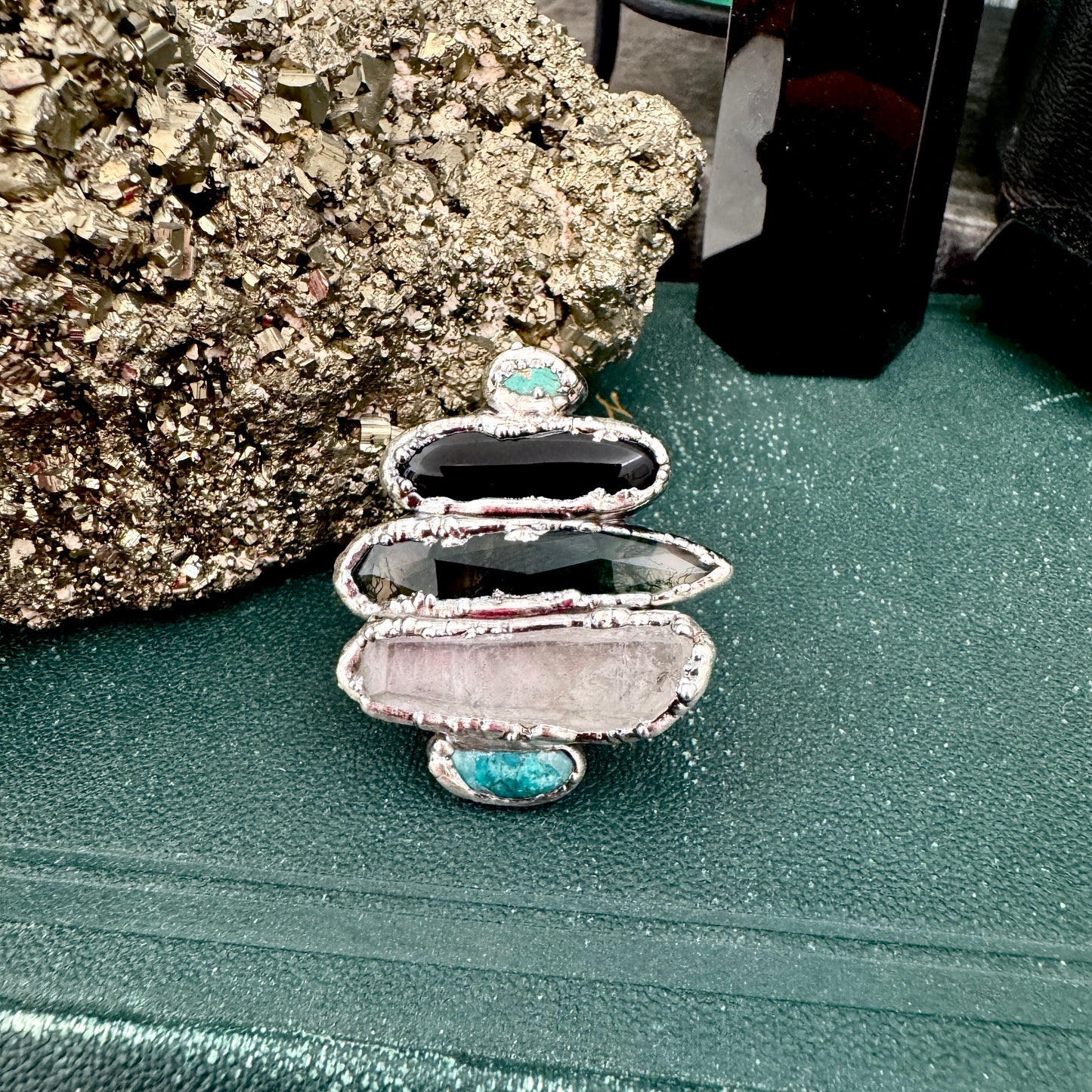 Multi Stone Turquoise Black Onyx Moss Agate & Clear Quartz Ring In Fine Silver Size 8 / Foxlark Collection