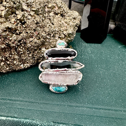 Multi Stone Turquoise Black Onyx Moss Agate & Clear Quartz Ring In Fine Silver Size 8 / Foxlark Collection