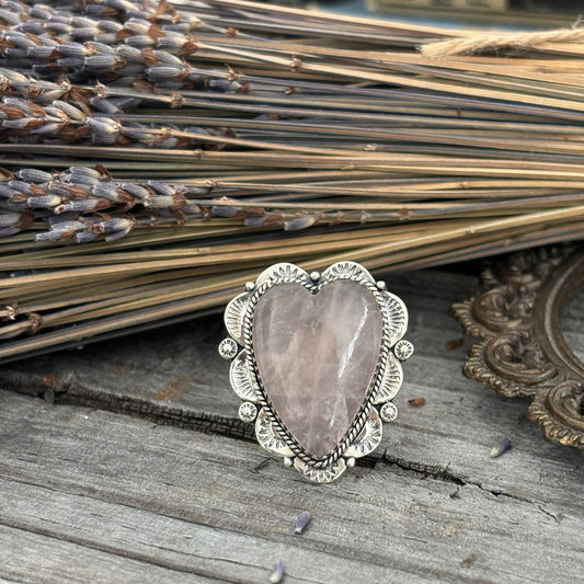 Rose Quartz Heart Crystal Statement Ring in Sterling Silver- Designed by FOXLARK Collection Adjusts to size 6,7,8,9, 10 / Gothic Jewelry