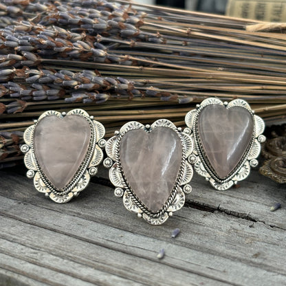 Rose Quartz Heart Crystal Statement Ring in Sterling Silver- Designed by FOXLARK Collection Adjusts to size 6,7,8,9, 10 / Gothic Jewelry