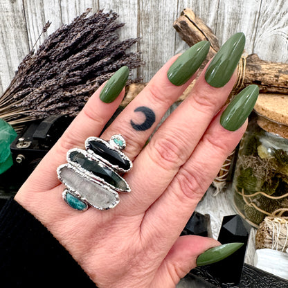 Multi Stone Turquoise Black Onyx Moss Agate & Clear Quartz Ring In Fine Silver Size 8 / Foxlark Collection