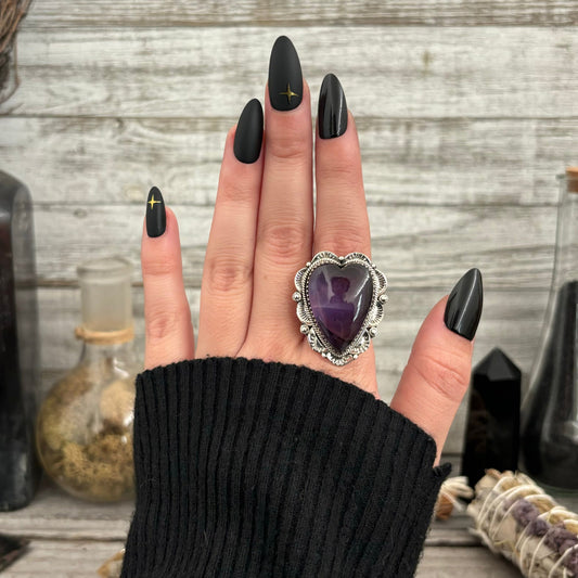 Amethyst Heart Crystal Statement Ring in Sterling Silver- Designed by FOXLARK Collection Adjusts to size 6,7,8,9, 10 / Gothic Jewelry