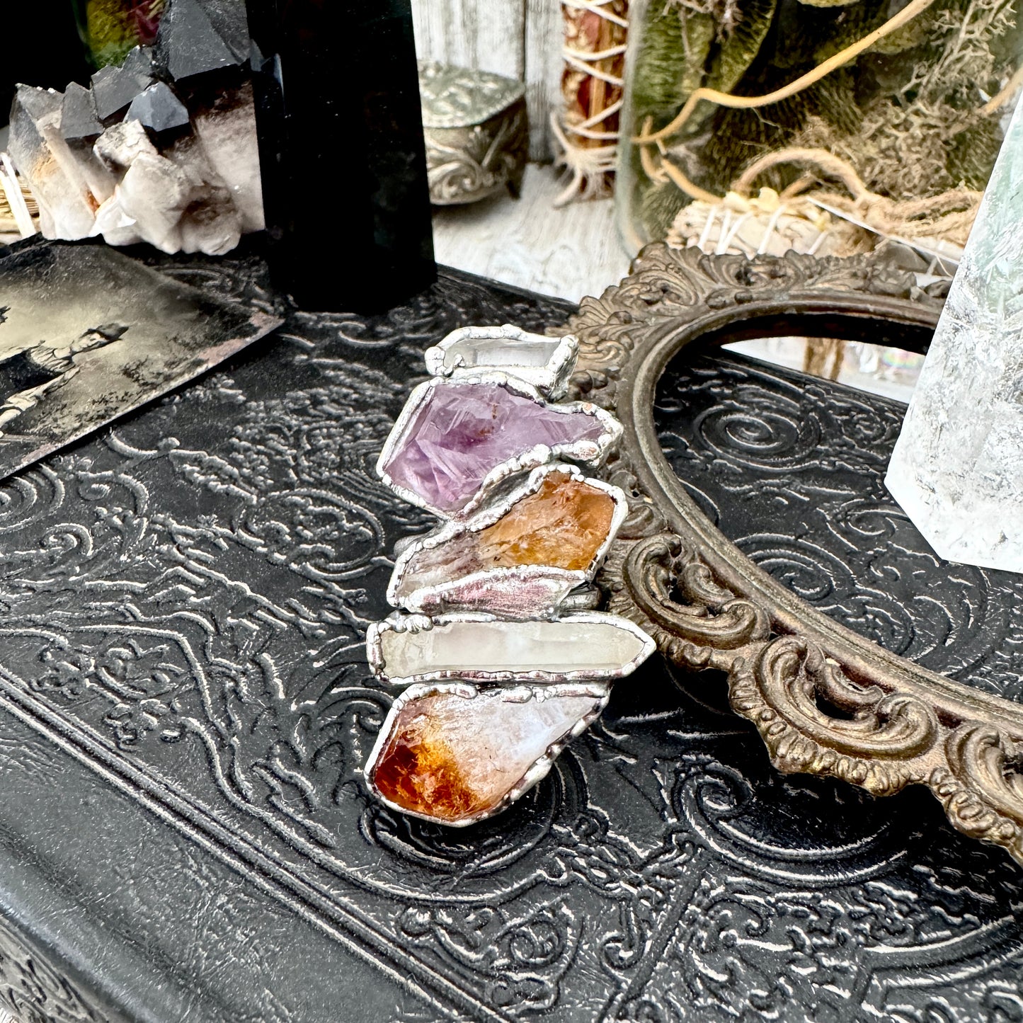 Multi Stone Clear Quartz Amethyst & Citrine Ring In Fine Silver Size 9 / Foxlark Collection