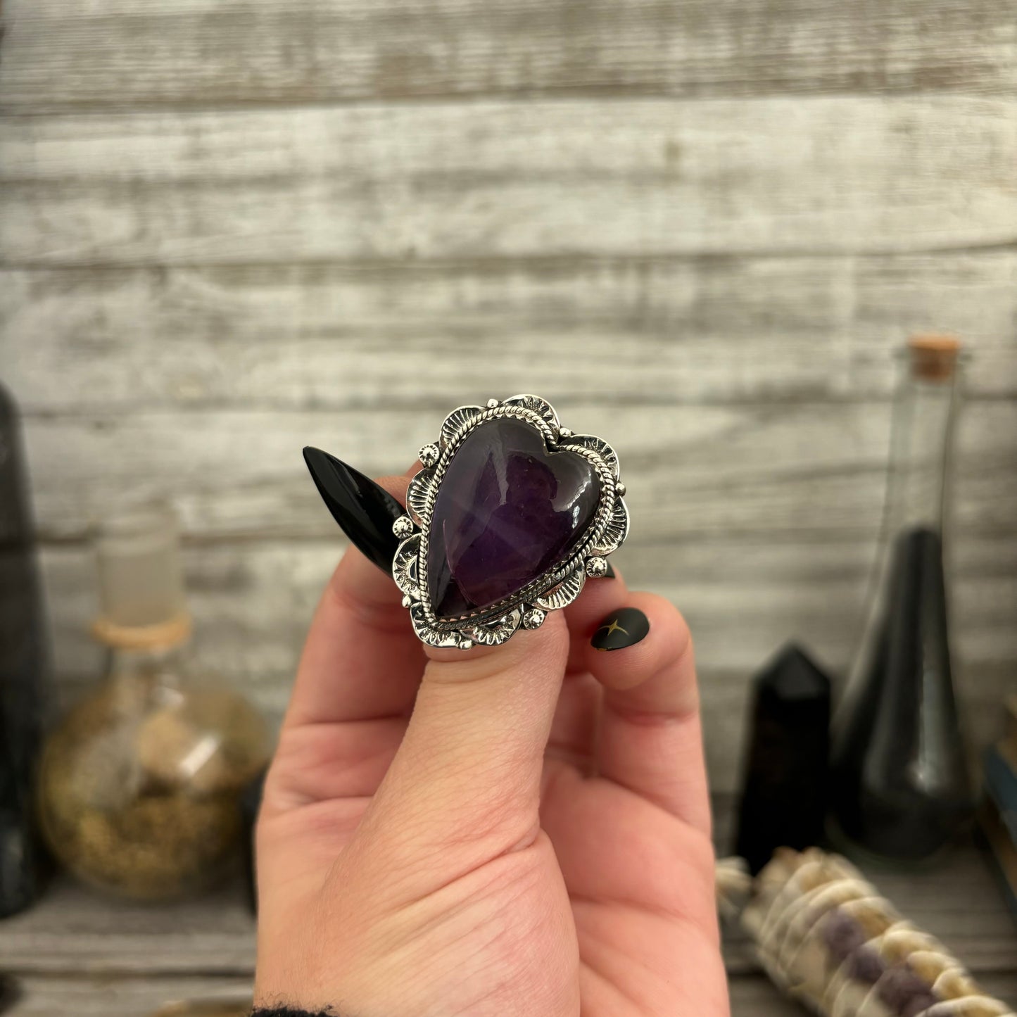 Amethyst Heart Crystal Statement Ring in Sterling Silver- Designed by FOXLARK Collection Adjusts to size 6,7,8,9, 10 / Gothic Jewelry