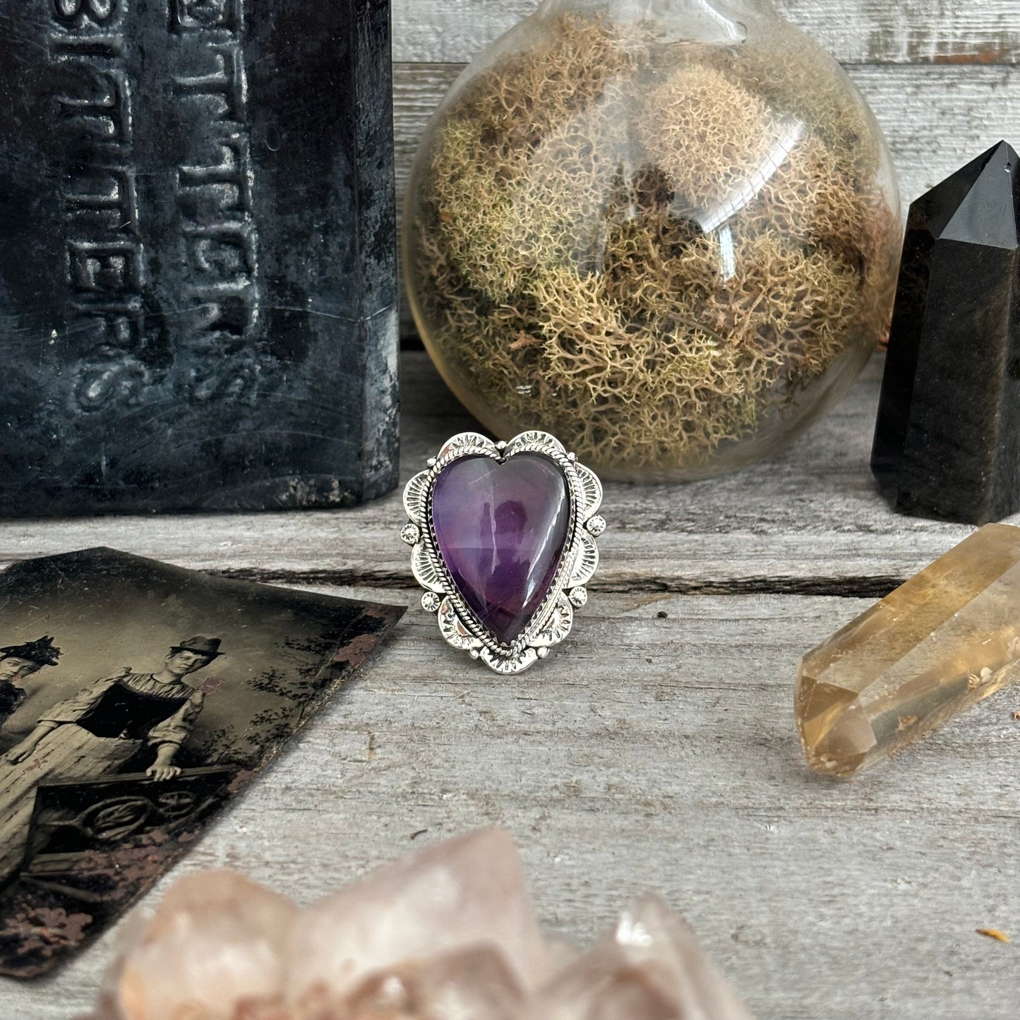 Amethyst Heart Crystal Statement Ring in Sterling Silver- Designed by FOXLARK Collection Adjusts to size 6,7,8,9, 10 / Gothic Jewelry