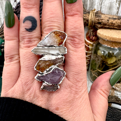 Multi Stone Clear Quartz Amethyst & Citrine Ring In Fine Silver Size 9 / Foxlark Collection