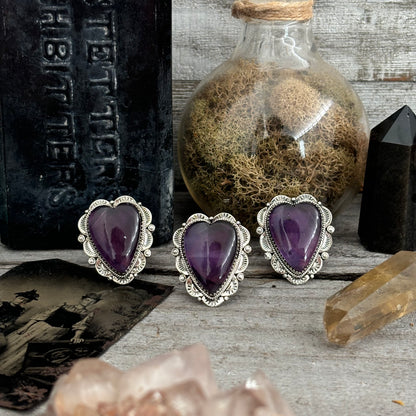 Amethyst Heart Crystal Statement Ring in Sterling Silver- Designed by FOXLARK Collection Adjusts to size 6,7,8,9, 10 / Gothic Jewelry