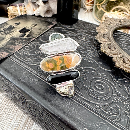 Multi Stone Moss Agate Clear Quartz Ocean Jasper Black Onyx & Pyrite Ring In Fine Silver Size 8 / Foxlark Collection