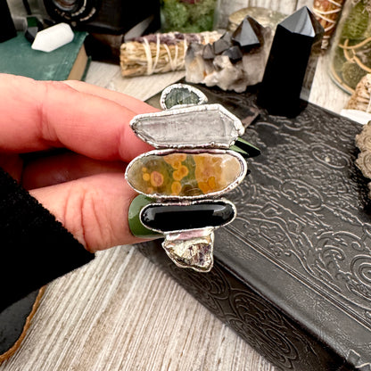 Multi Stone Moss Agate Clear Quartz Ocean Jasper Black Onyx & Pyrite Ring In Fine Silver Size 8 / Foxlark Collection