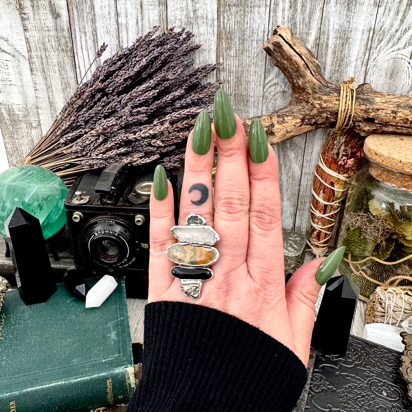 Multi Stone Moss Agate Clear Quartz Ocean Jasper Black Onyx & Pyrite Ring In Fine Silver Size 8 / Foxlark Collection