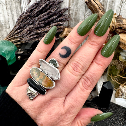 Multi Stone Moss Agate Clear Quartz Ocean Jasper Black Onyx & Pyrite Ring In Fine Silver Size 8 / Foxlark Collection